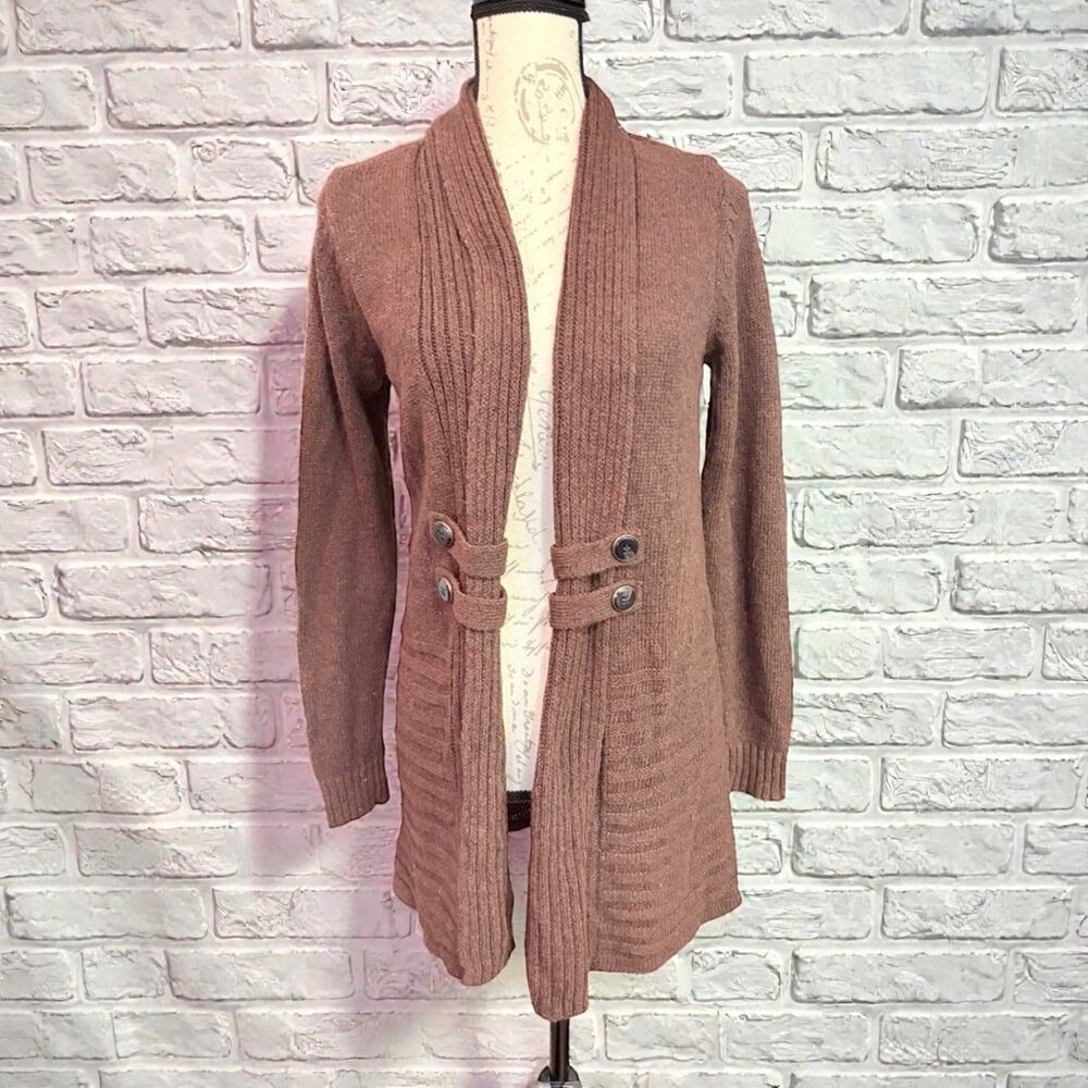 Fortune & Ivy Metallic Button Detail Shawl Collar Sweater Cardigan Brown S